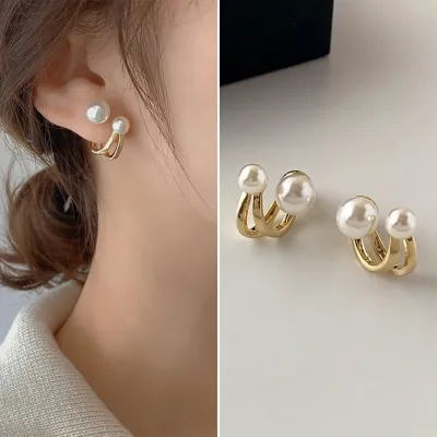 Double Pearl Golden Stud Earrings